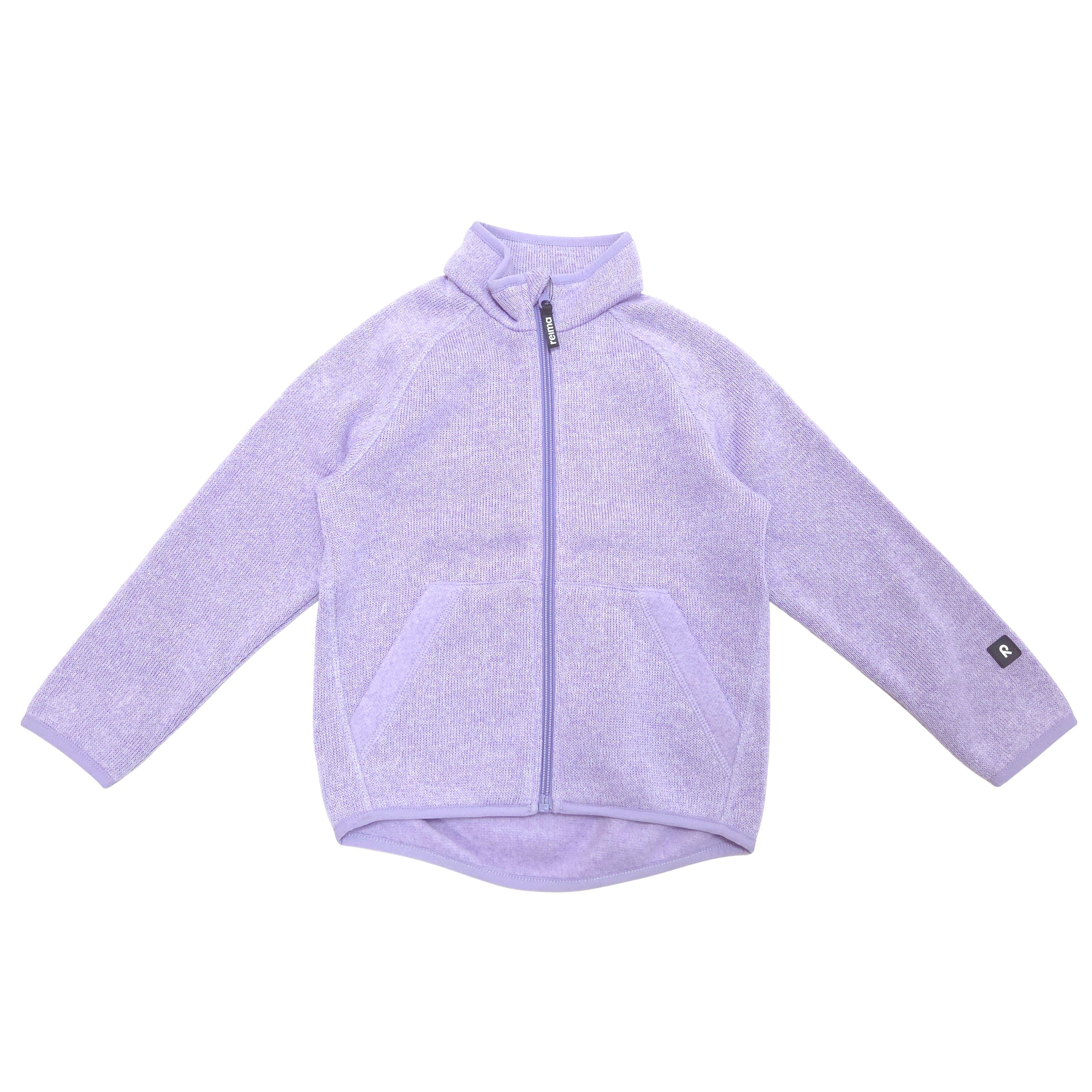 A light purple heathered zip-up fleece jacket with a stand-up collar, laid flat on a white background.