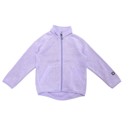 A light purple heathered zip-up fleece jacket with a stand-up collar, laid flat on a white background.