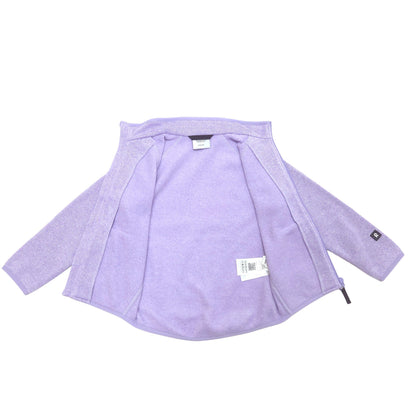 A light purple/lavender zip-up fleece jacket shown flat against a white background, with a visible interior label and a small black logo patch on the cuff.