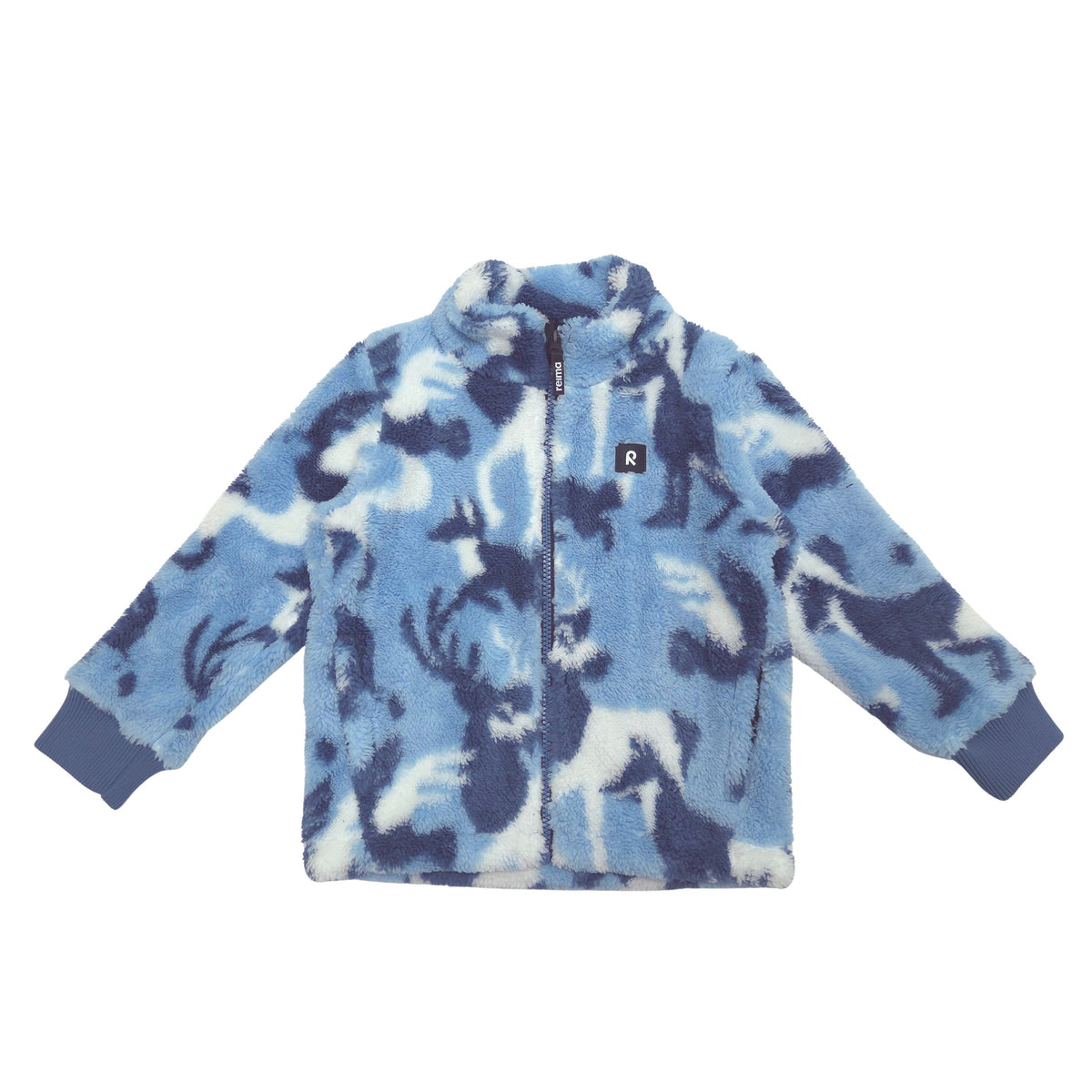 A children's fleece zip-up jacket with a blue and white animal print, featuring a stand-up collar, front zipper, ribbed cuffs, and a small chest logo patch.