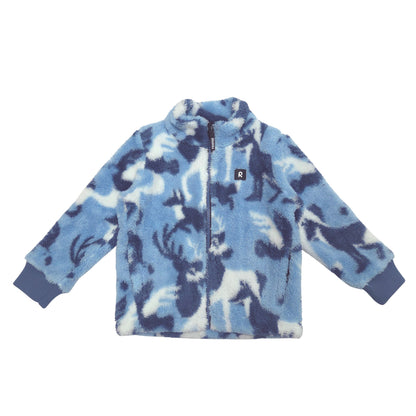 A children's fleece zip-up jacket with a blue and white animal print, featuring a stand-up collar, front zipper, ribbed cuffs, and a small chest logo patch.