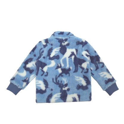 A children's fleece zip-up jacket shown from the back, featuring a light blue base with a dark navy and white animal print pattern, set against a plain white background.
