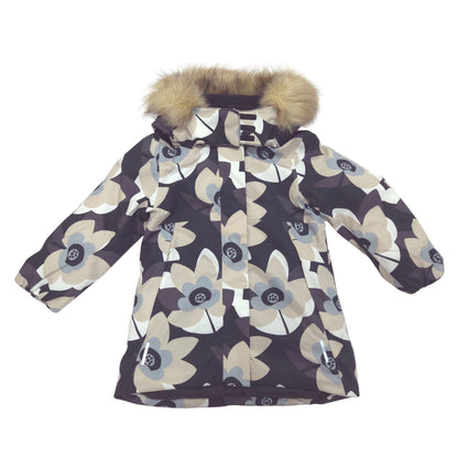 A children's winter parka jacket with a dark brown and beige floral pattern, featuring a faux-fur trimmed hood and front zipper closure, shown against a plain white background.