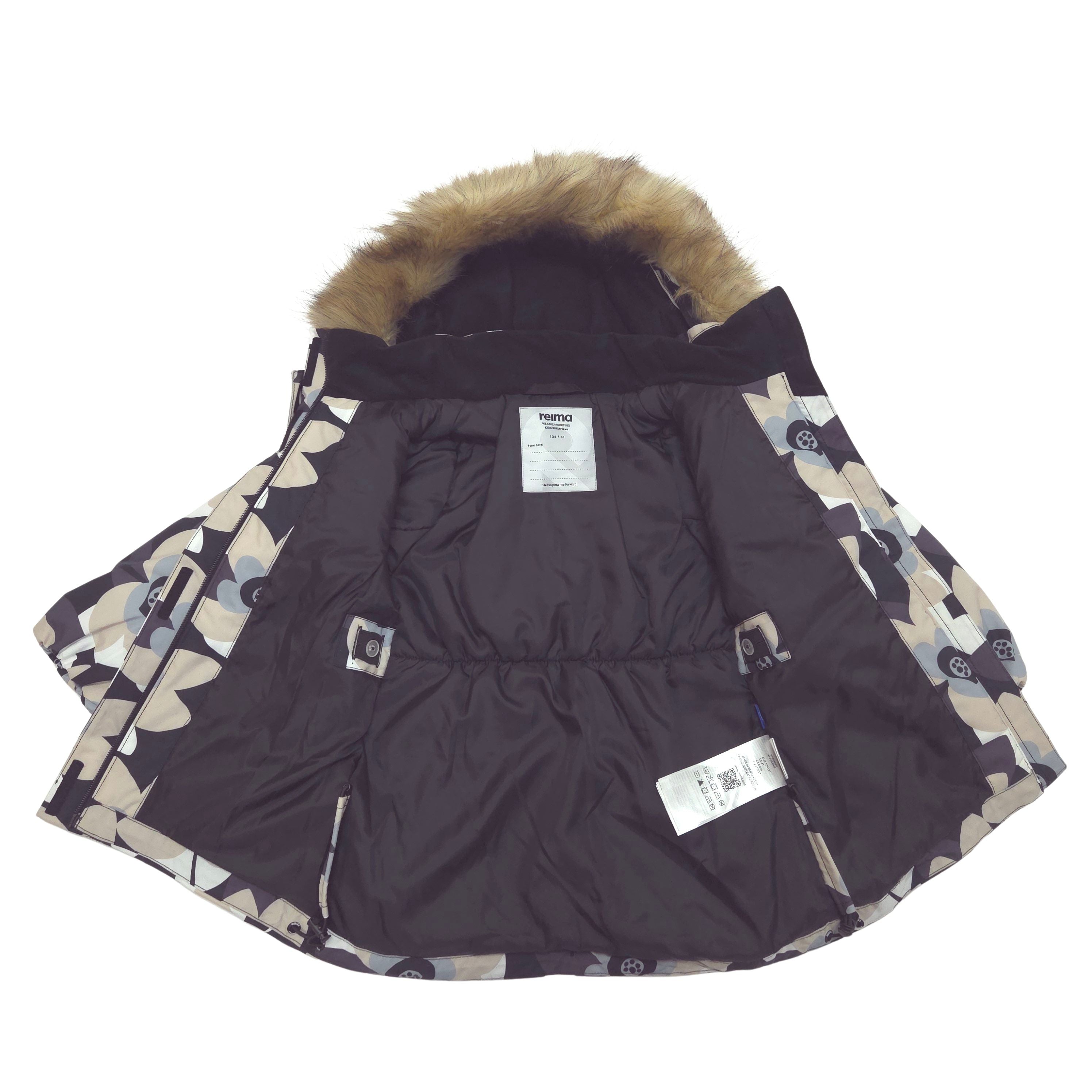 A black winter jacket with a brown faux-fur trimmed hood and beige flower patterned, shown flat against a white background.