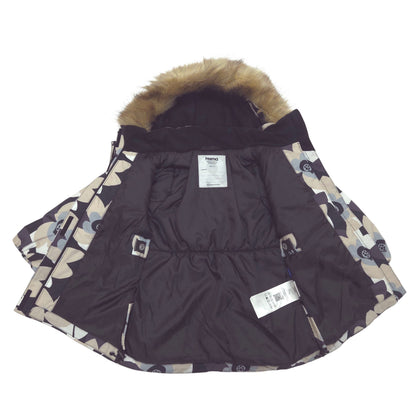 A black winter jacket with a brown faux-fur trimmed hood and beige flower patterned, shown flat against a white background.