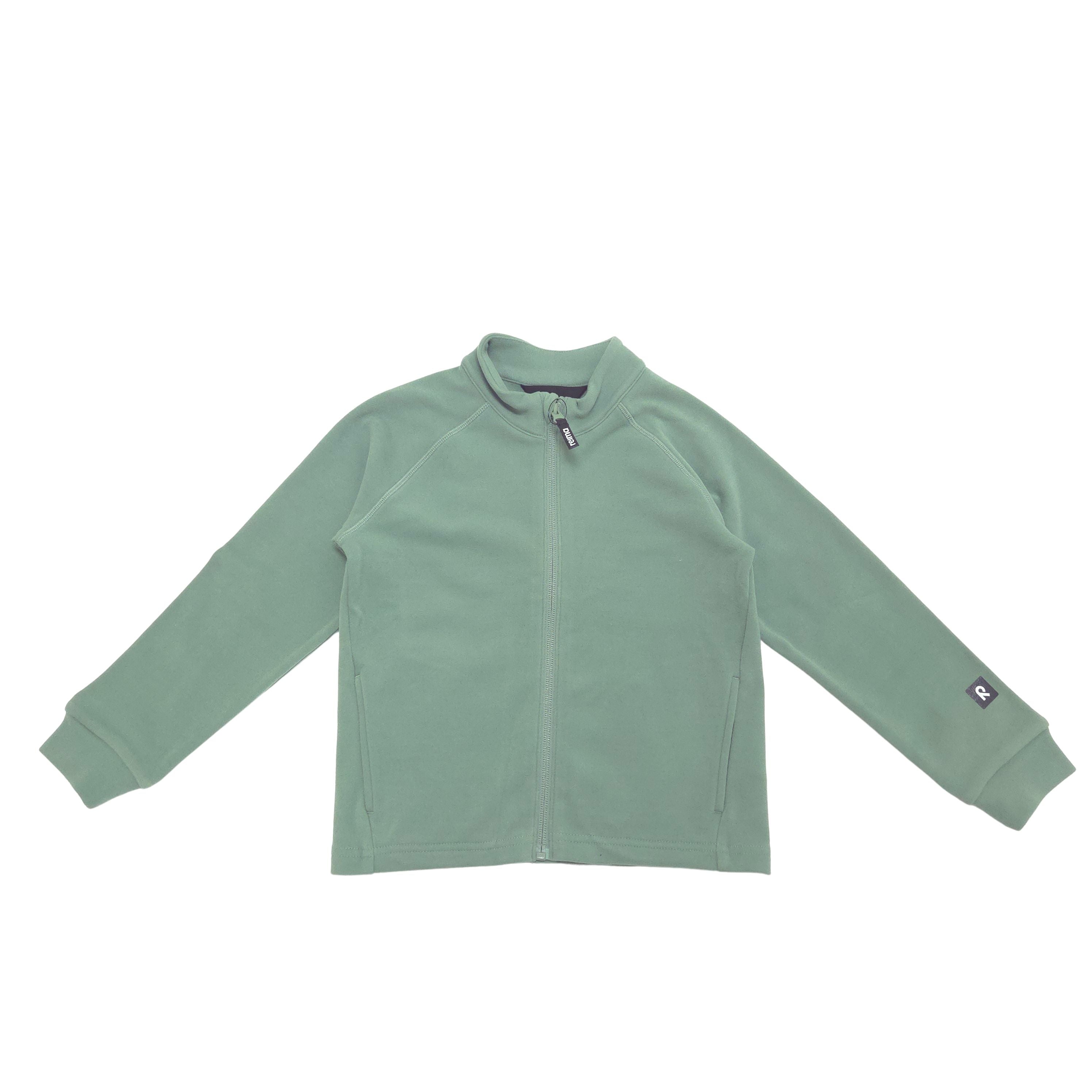 A sage green long-sleeve zip-up fleece jacket with a stand-up collar, laid flat on a white background.