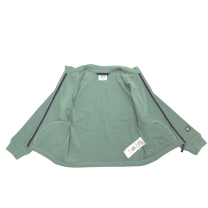 A sage green zip-up jacket with black piping along the shoulders and sleeves, laid flat on a white background with tags attached.