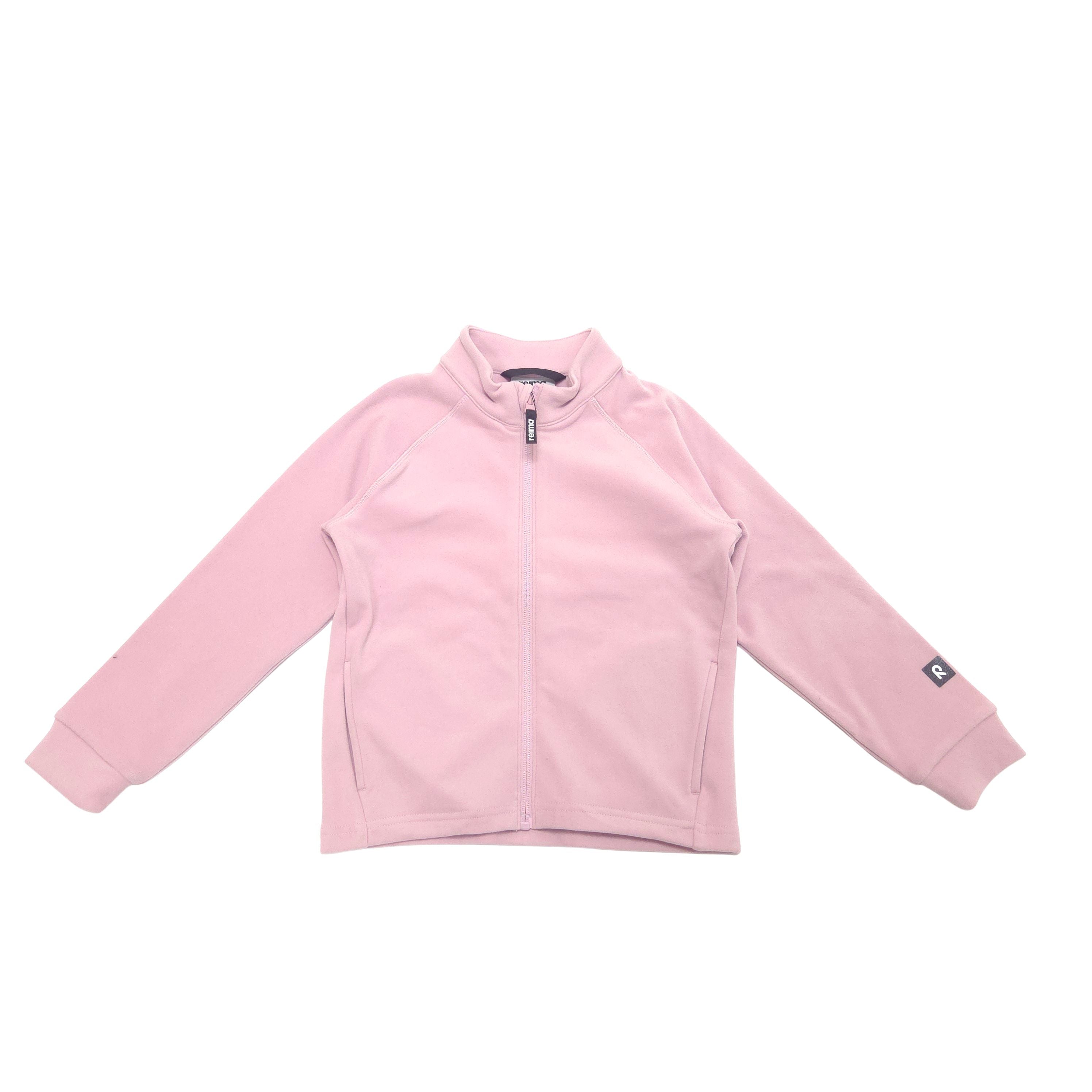 A light pink zip-up fleece jacket with a stand-up collar, laid flat against a solid white background.