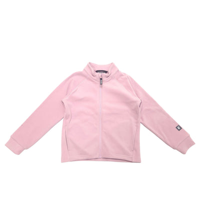A light pink zip-up fleece jacket with a stand-up collar, laid flat against a solid white background.