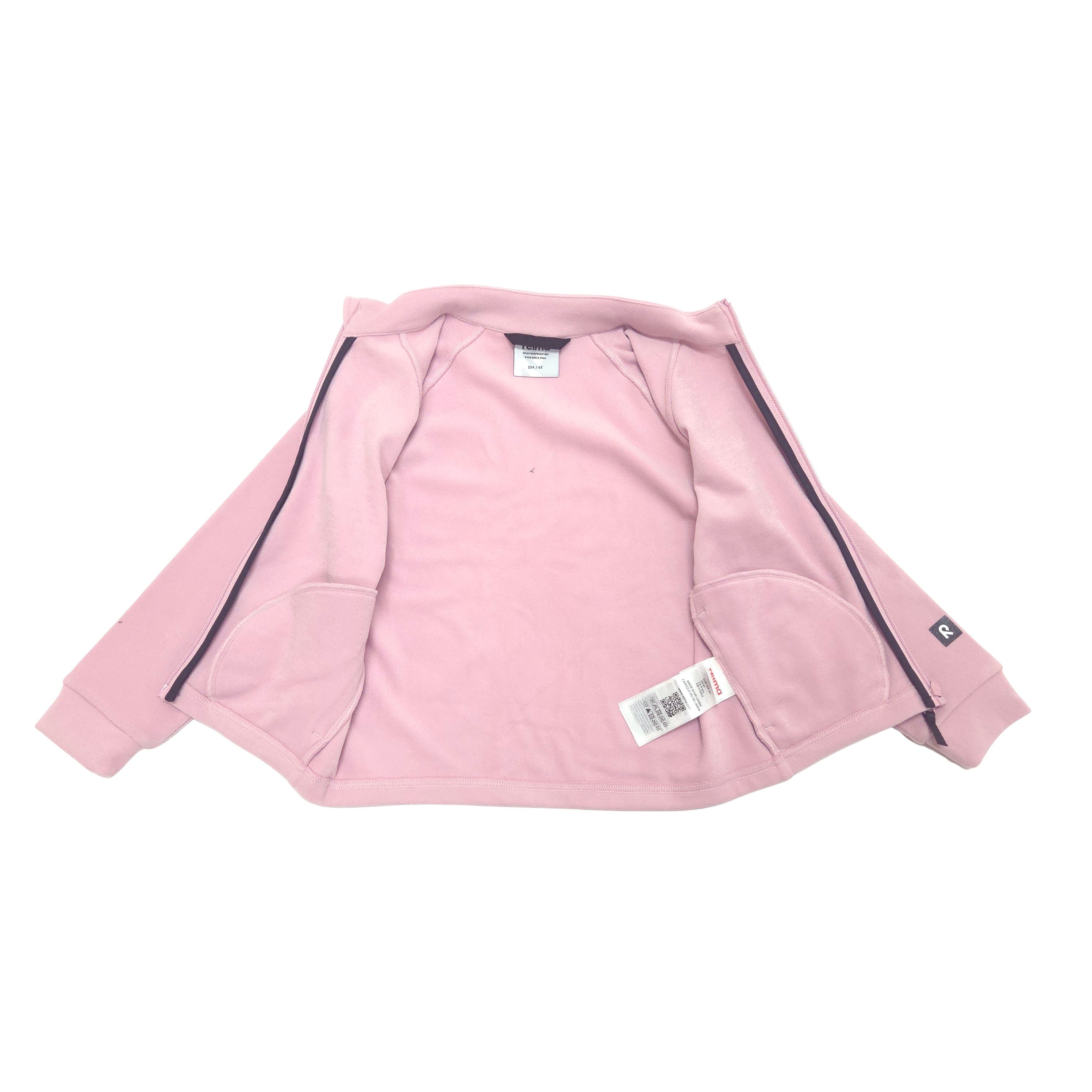 A light pink zip-up hoodie jacket with dark navy piping along the shoulders and sleeves, shown flat on a white background with a retail tag attached.
