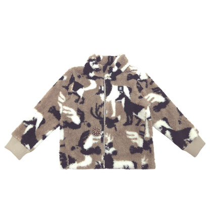 A children's zip-up fleece jacket with a brown, beige, and white animal print pattern, featuring a high collar, front zipper, and ribbed cuffs.