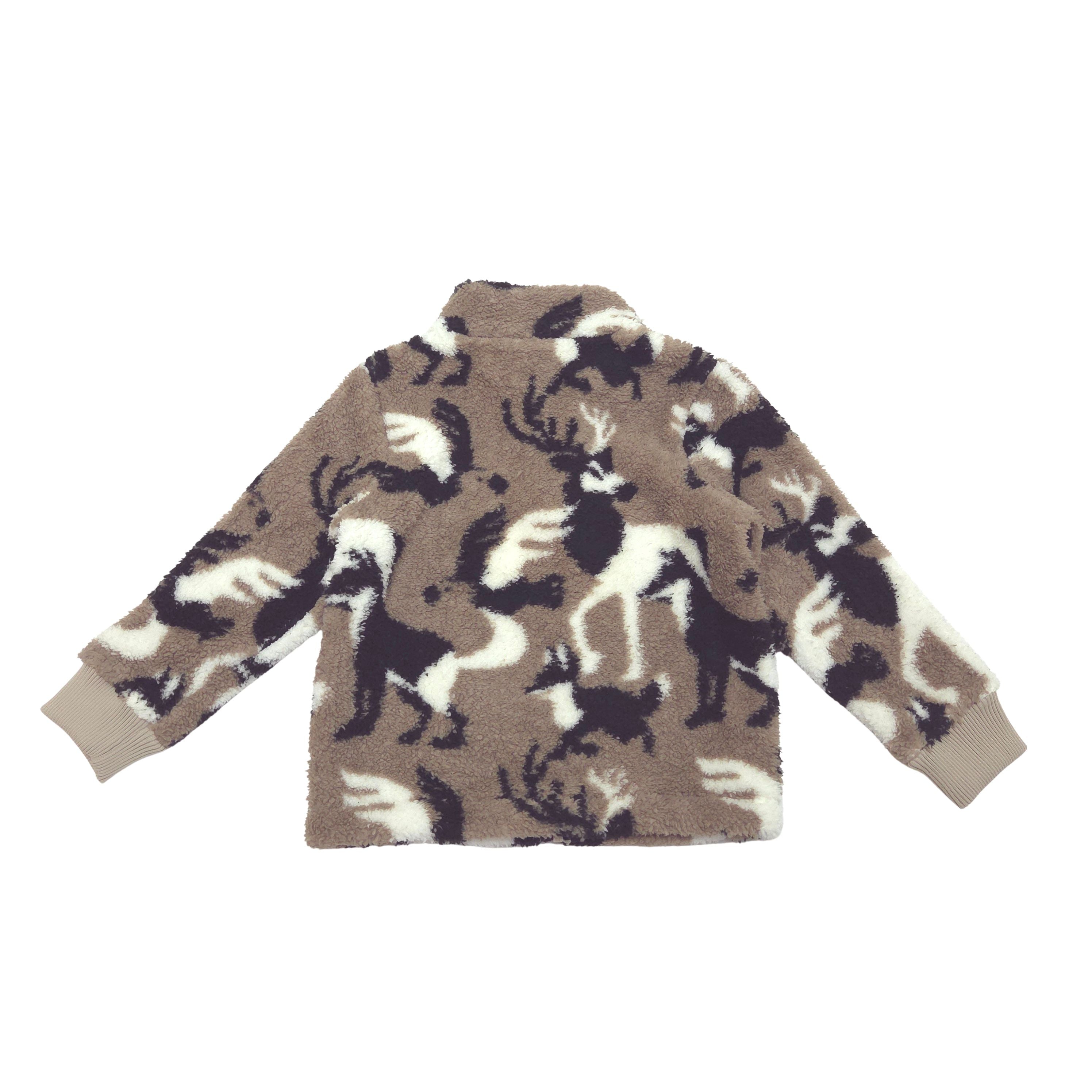 A children's fleece zip-up jacket with a brown, black, and white animal print pattern, shown flat against a white background.