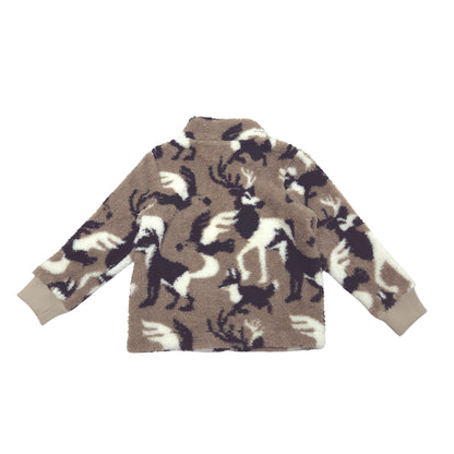 A children's fleece zip-up jacket with a brown, black, and white animal print pattern, shown flat against a white background.