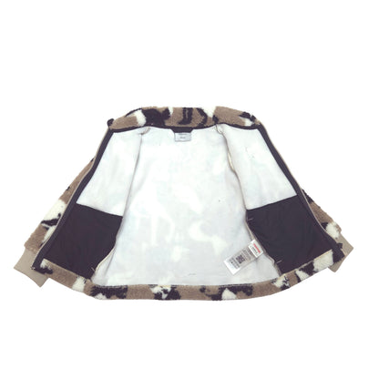A children's open-front jacket or cardigan laid flat on a white background, featuring a brown and black animal-print.