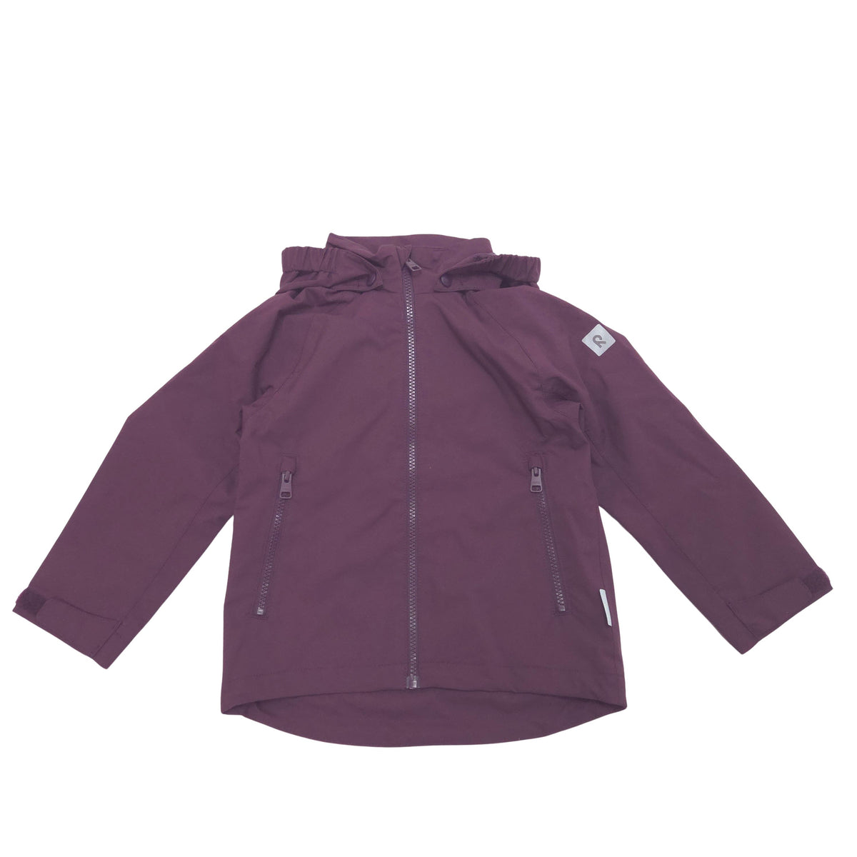 A dark plum purple hooded jacket with a front zipper, two vertical zippered pockets, and a small white brand patch on the left sleeve, shown flat on a white background.