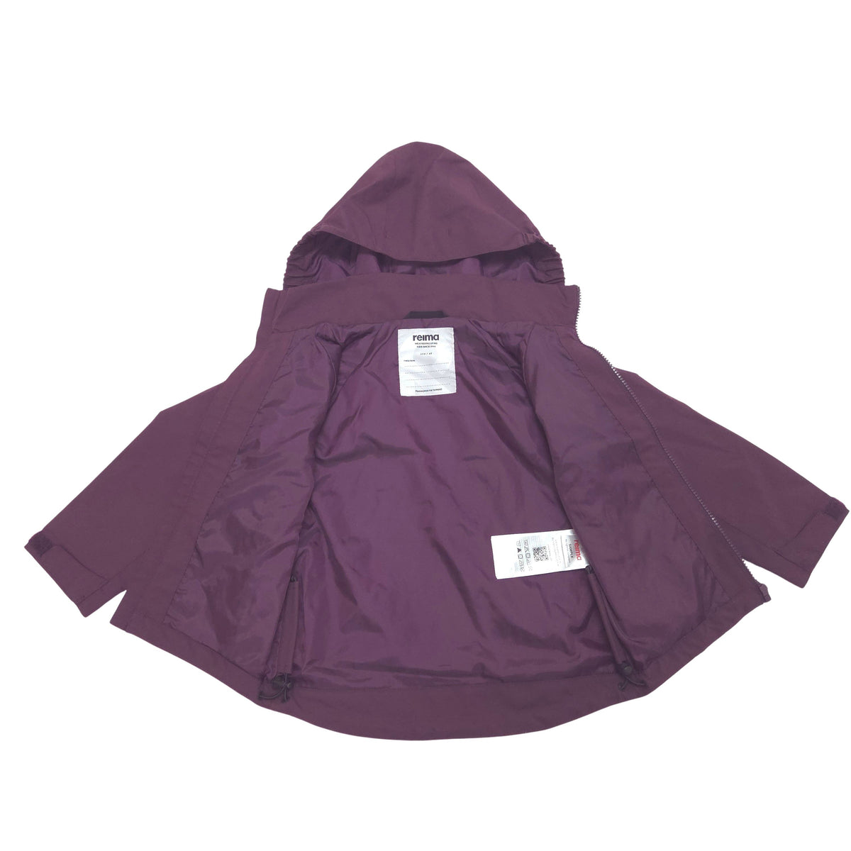 A purple hooded jacket laid flat on a white background, showing the interior lining and two product tags.
