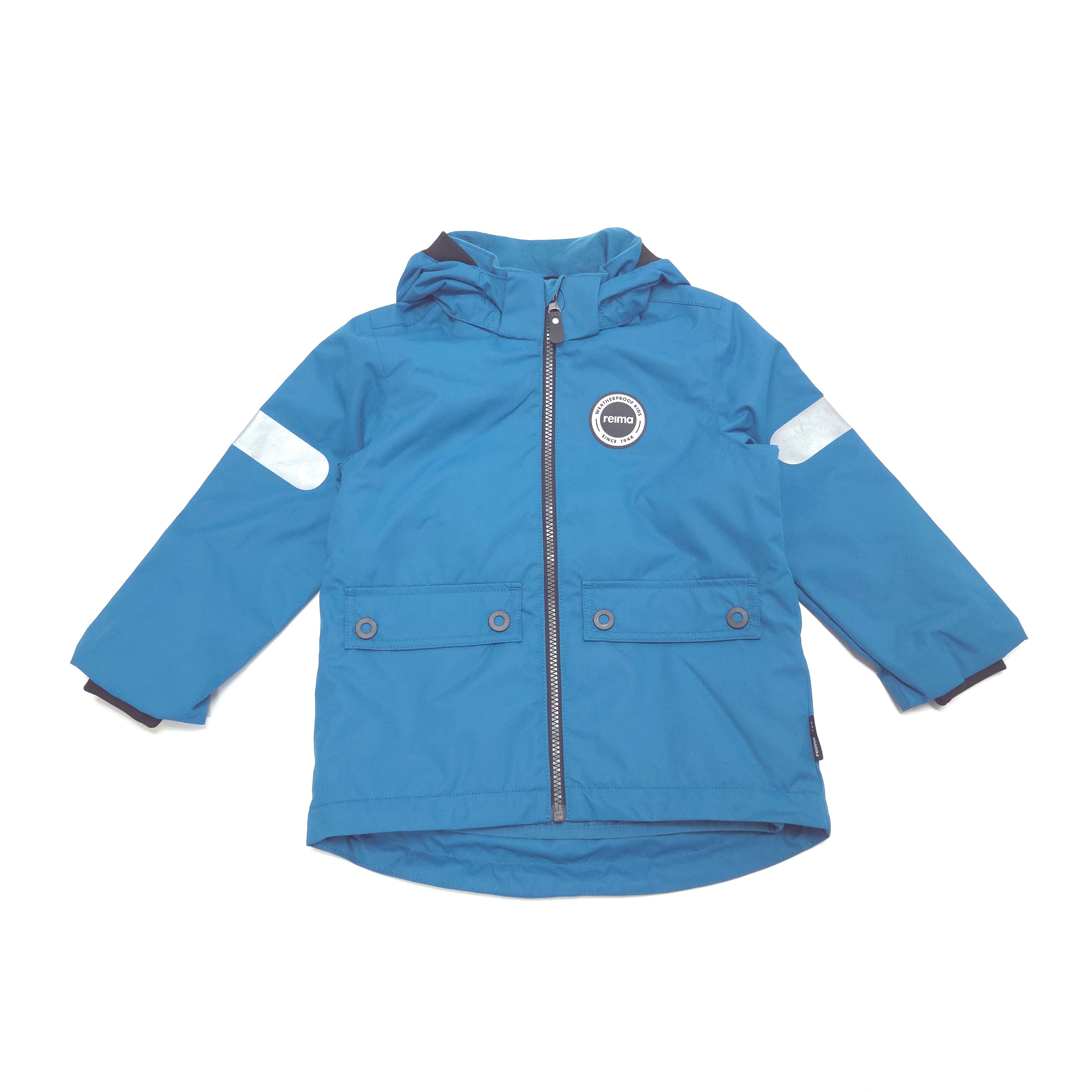 A blue hooded children's jacket with a front zipper, two front flap pockets, and white reflective stripes on the sleeves, shown flat on a white background.