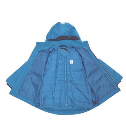 A blue hooded jacket with a quilted front panel and zippered closure, laid flat against a white background.