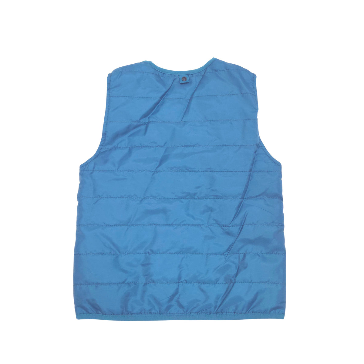 A blue sleeveless puffer vest shown from the back, laid flat against a solid white background.