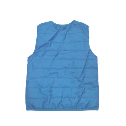 A blue sleeveless puffer vest shown from the back, laid flat against a solid white background.