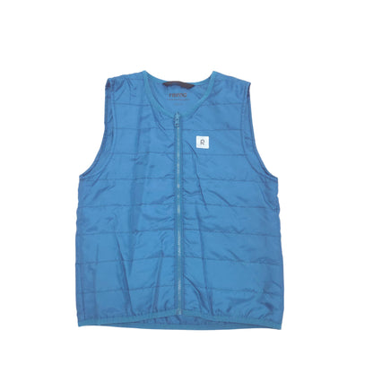 A blue sleeveless quilted puffer vest with a front zipper, laid flat against a white background. A small white square logo patch is visible on the left chest.