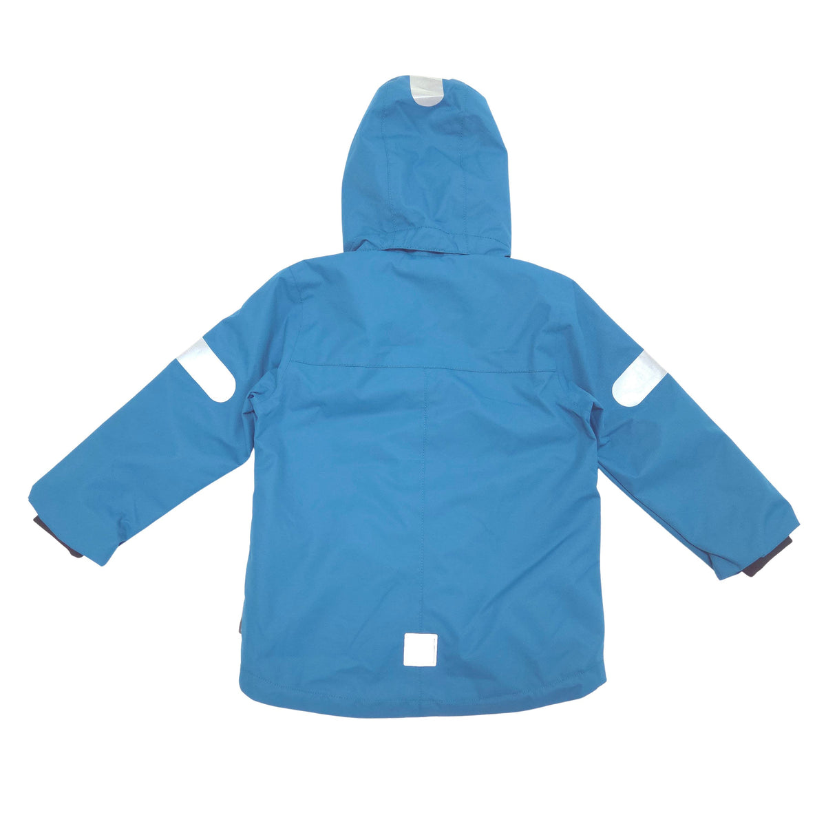 A bright blue hooded rain jacket shown from the back, featuring white reflective patches on the upper arms and a small white square patch near the bottom hem, laid flat on a white background.