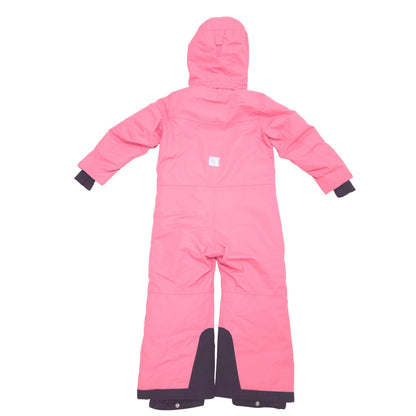A pink hooded snowsuit shown from the back, featuring black trim at the cuffs and bottom hem, laid flat on a white background.