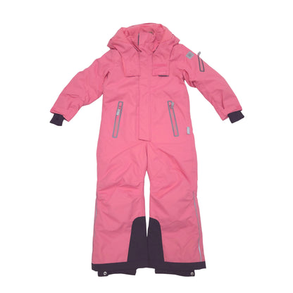 A pink children's snowsuit with black accents on the cuffs, hem, and lower leg panels, shown flat against a white background.