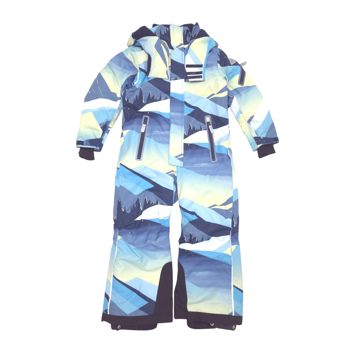 A hooded one-piece snowsuit with a geometric mountain pattern in shades of blue, navy, yellow, and white, shown against a plain white background.
