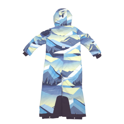 A hooded snowsuit with a geometric mountain pattern in shades of blue, yellow, and gray, featuring dark navy trim on the cuffs, hem, and shoulder.