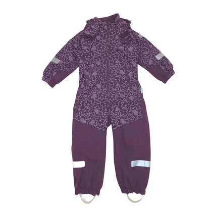 A children's hooded snowsuit in a dark purple color, featuring a floral pattern on the upper body and sleeves, solid purple lower legs, and reflective silver stripes on the sleeves and legs.