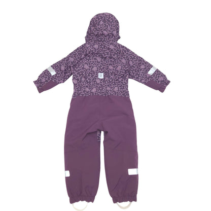 A children's hooded snowsuit in a dusty purple color, featuring a floral pattern across the upper body and hood, solid purple lower body, and reflective white strips on the sleeves and legs, shown against a plain white background.