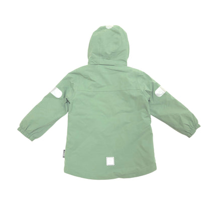 A sage green hooded jacket shown from the back, featuring white reflective patches on the upper sleeves and a small square patch near the bottom hem, set against a plain white background.