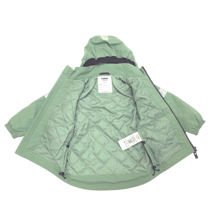 A sage green hooded jacket with a diamond-quilted interior lining, shown open against a plain white background. The brand name 'reima' is visible on the inner neck label, and a white hangtag is attached near the zipper.
