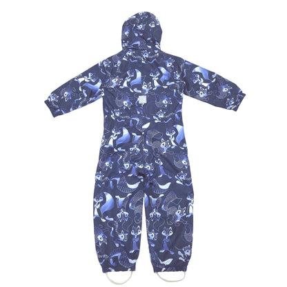 A navy blue hooded one-piece snowsuit with an allover print of cartoon foxes, in shades of blue and white, shown against a plain white background on back