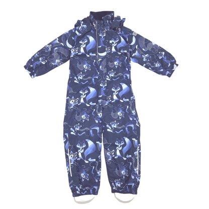 A navy blue hooded one-piece snowsuit with an allover print of cartoon foxes, in shades of blue and white, shown against a plain white background.