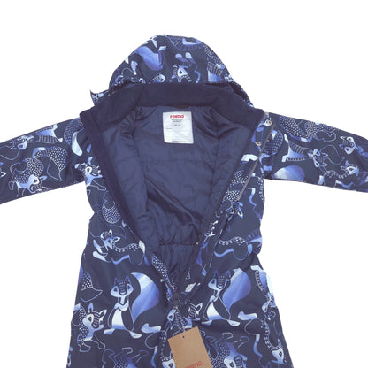 A navy blue hooded one-piece snowsuit with an allover print of cartoon foxes, in shades of blue and white, with navy lining shown against a plain white background.