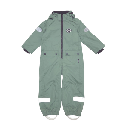 A sage green hooded shell suit with a front zipper, zippered hand pockets, reflective white patches on the sleeves and lower legs, and elasticated ankle cuffs, shown flat on a white background.
