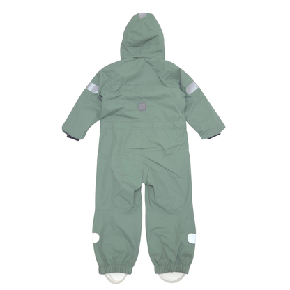 A sage green hooded shell suit with reflective silver stripes on the sleeves and legs, shown flat against a white background.