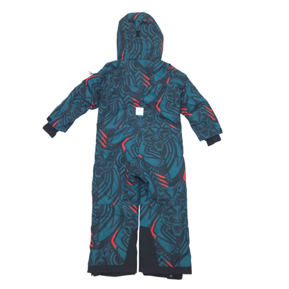 A hooded one-piece snowsuit with a dark teal and black abstract pattern and bright red-orange accents, shown flat against a white background.