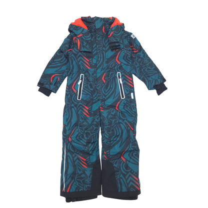 A children's hooded snowsuit in a dark teal and black abstract pattern with bright red-orange accents and reflective zipper details, shown flat against a white background.