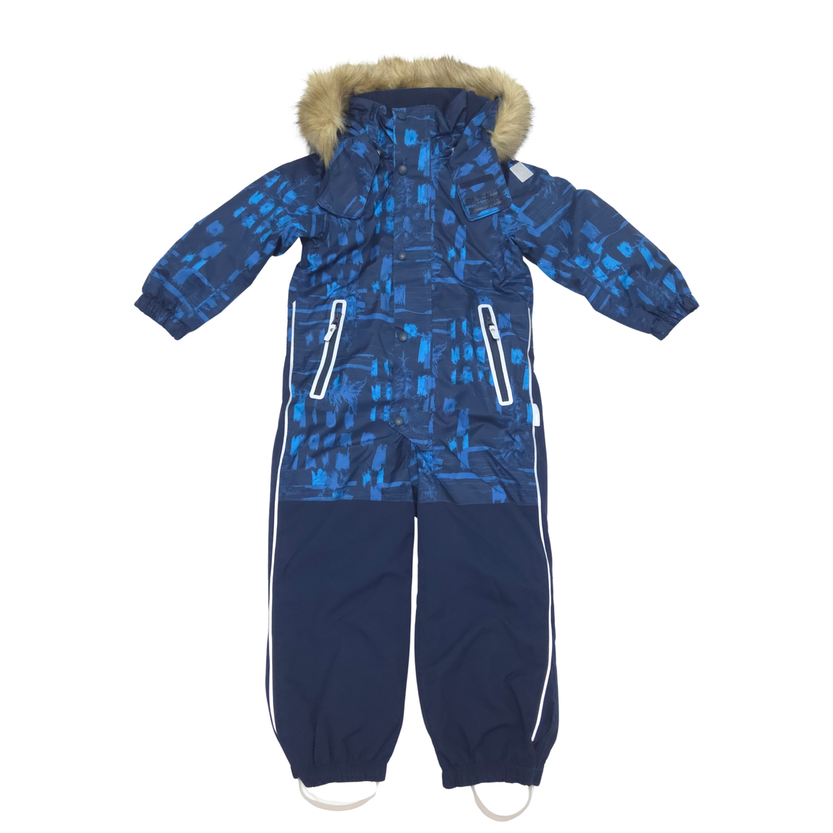 A children's full-body snowsuit in blue and navy with a blue abstract pattern on the upper body, solid navy lower legs, white zipper accents, white side stripes, and a beige faux-fur trimmed hood, shown on a plain white background.