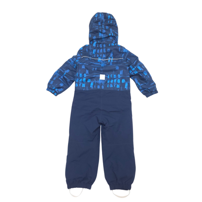 A children's hooded snowsuit shown flat against a white background. The upper portion and hood feature a blue and navy abstract pattern, while the lower body and sleeves are solid navy blue.