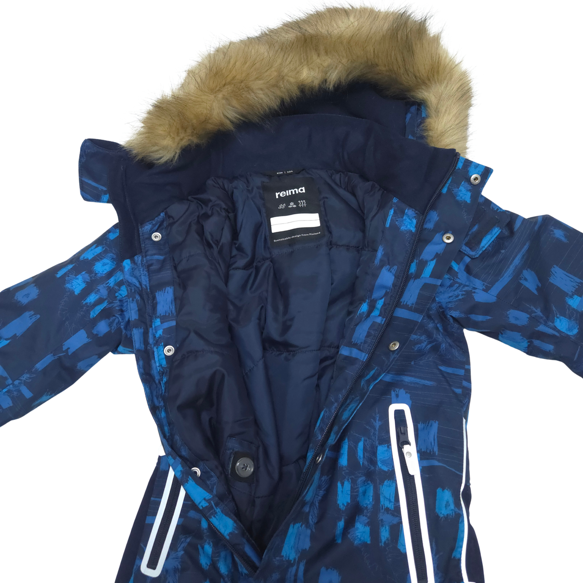 A navy blue children's snow suit with a blue abstract brushstroke pattern, featuring a brown faux-fur trimmed hood and white zipper accents.
