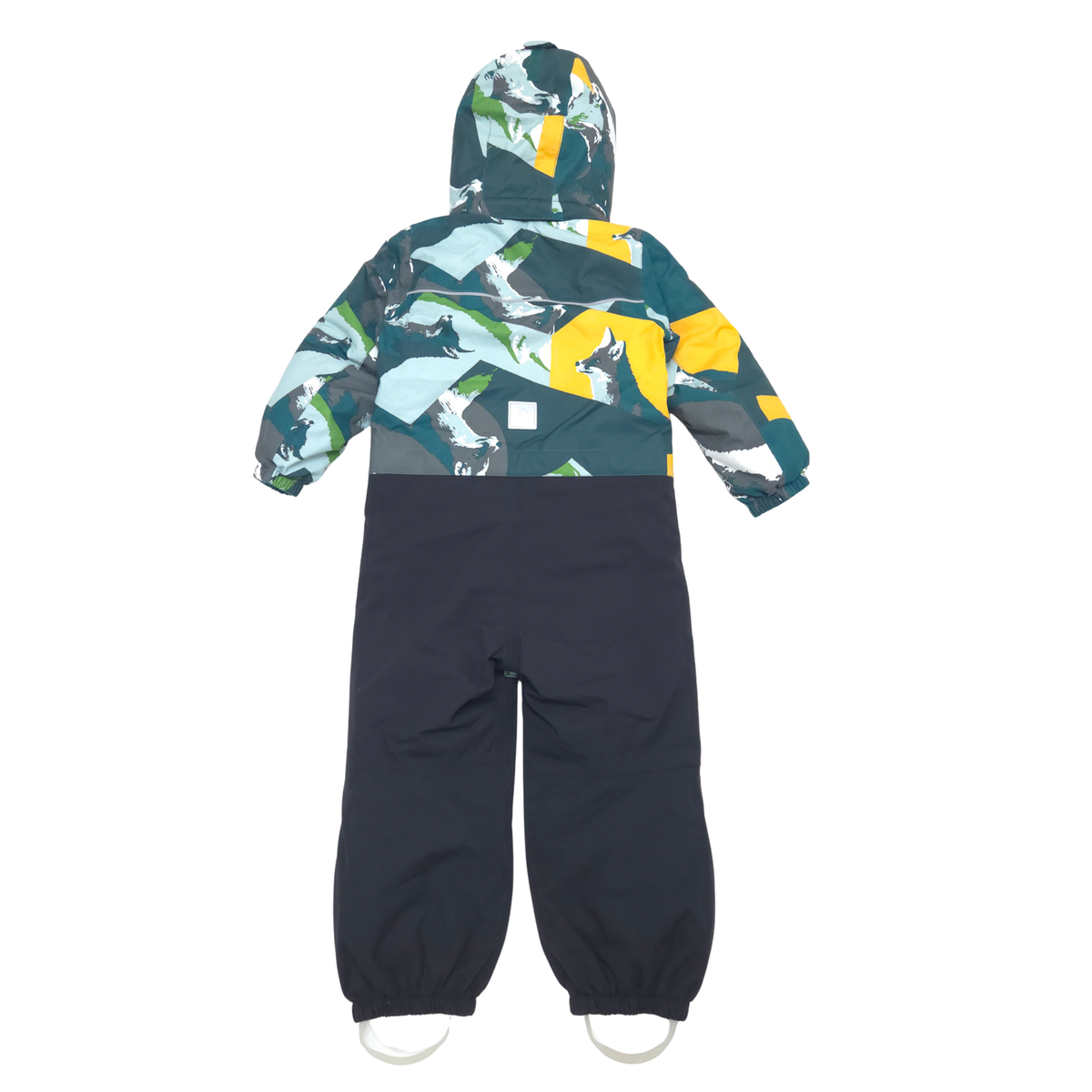 A children's hooded snowsuit shown from the back, featuring a colorful geometric pattern on the upper body and hood in teal, yellow, light blue, gray, and white, with solid dark navy lower pants and elastic cuffs.