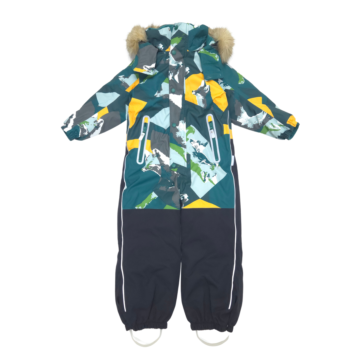 A children's one-piece snowsuit with a geometric color-blocked pattern in teal, yellow, gray, and light blue, featuring a faux-fur trimmed hood, dark navy lower legs, and white piping details.