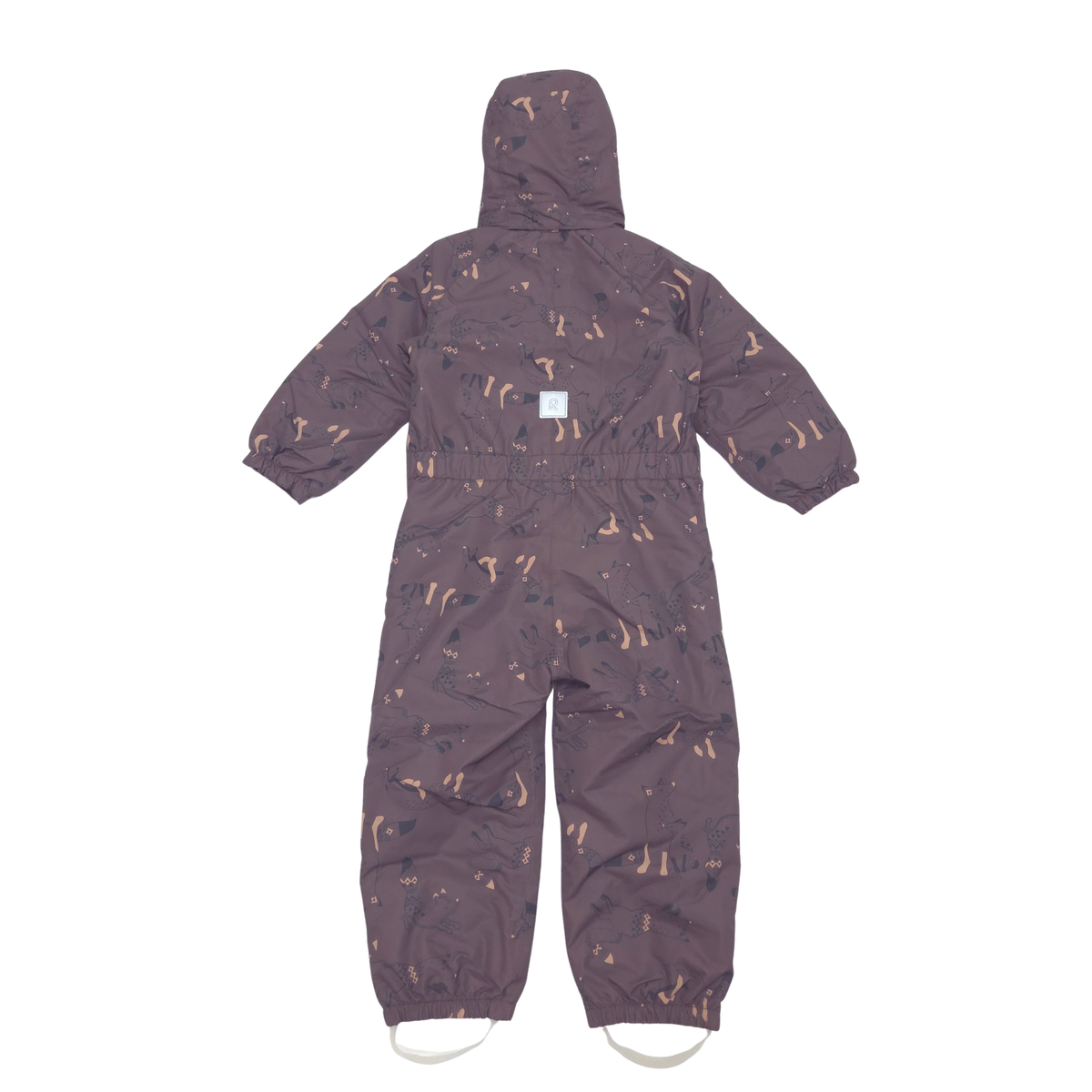 A hooded one-piece suit in a brown color with a light beige and brown animal print pattern, shown from the back against a plain white background.