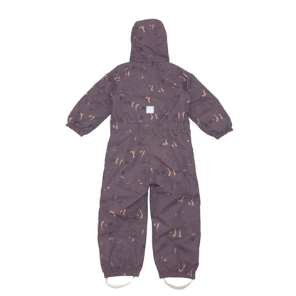 A hooded one-piece suit in a brown color with a light beige and brown animal print pattern, shown from the back against a plain white background.