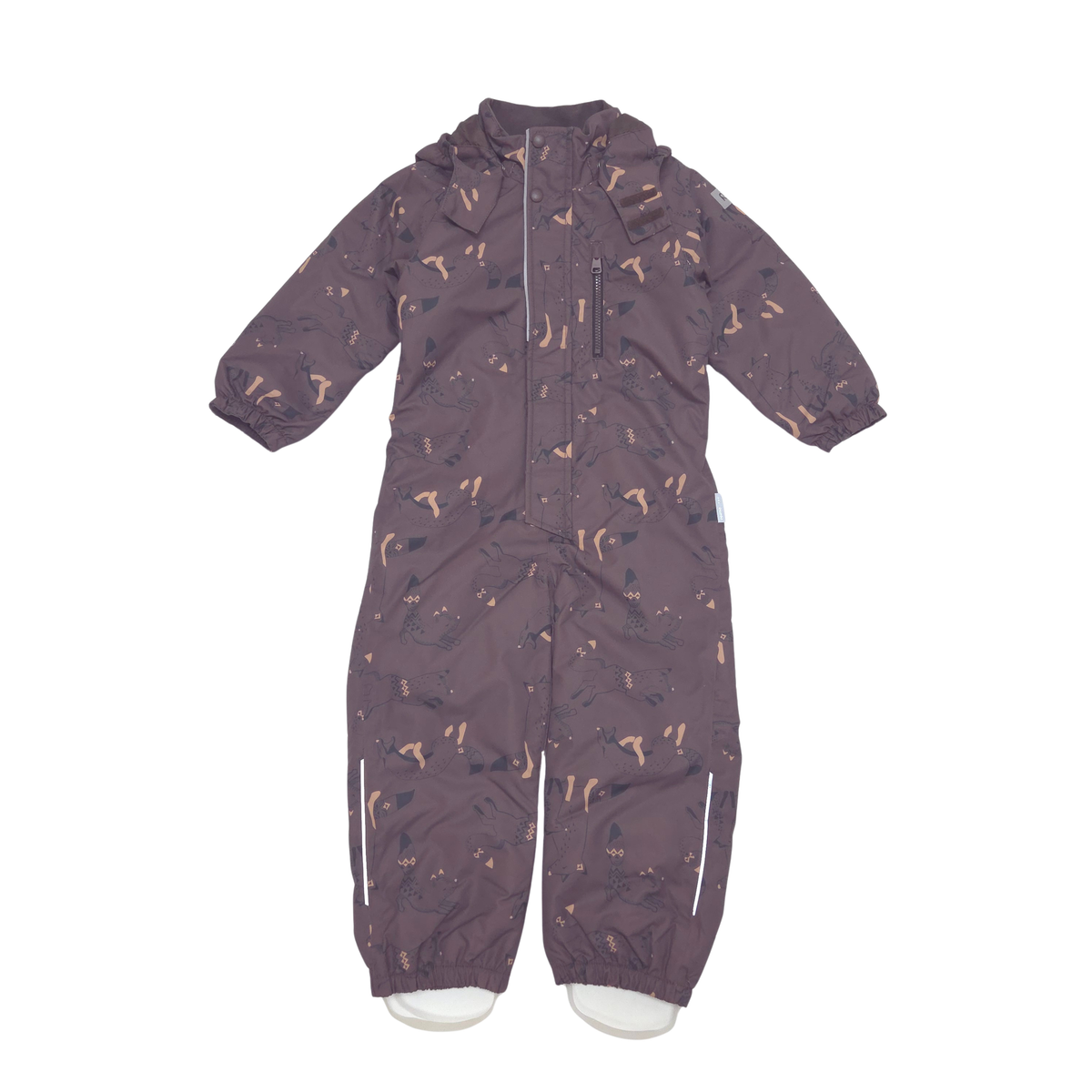 A baby lined shell suit in a brown color with a beige and brown animal print pattern, featuring a hood, front zipper, and elastic cuffed ankles.