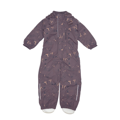 A baby lined shell suit in a brown color with a beige and brown animal print pattern, featuring a hood, front zipper, and elastic cuffed ankles.
